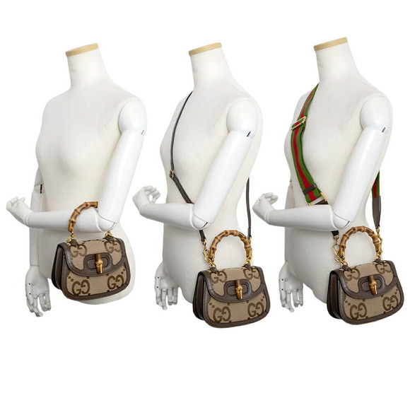 Gucci Bamboo Top Handle Handbag Jumbo GG Leather Brown Beige - Picture 9 of 9